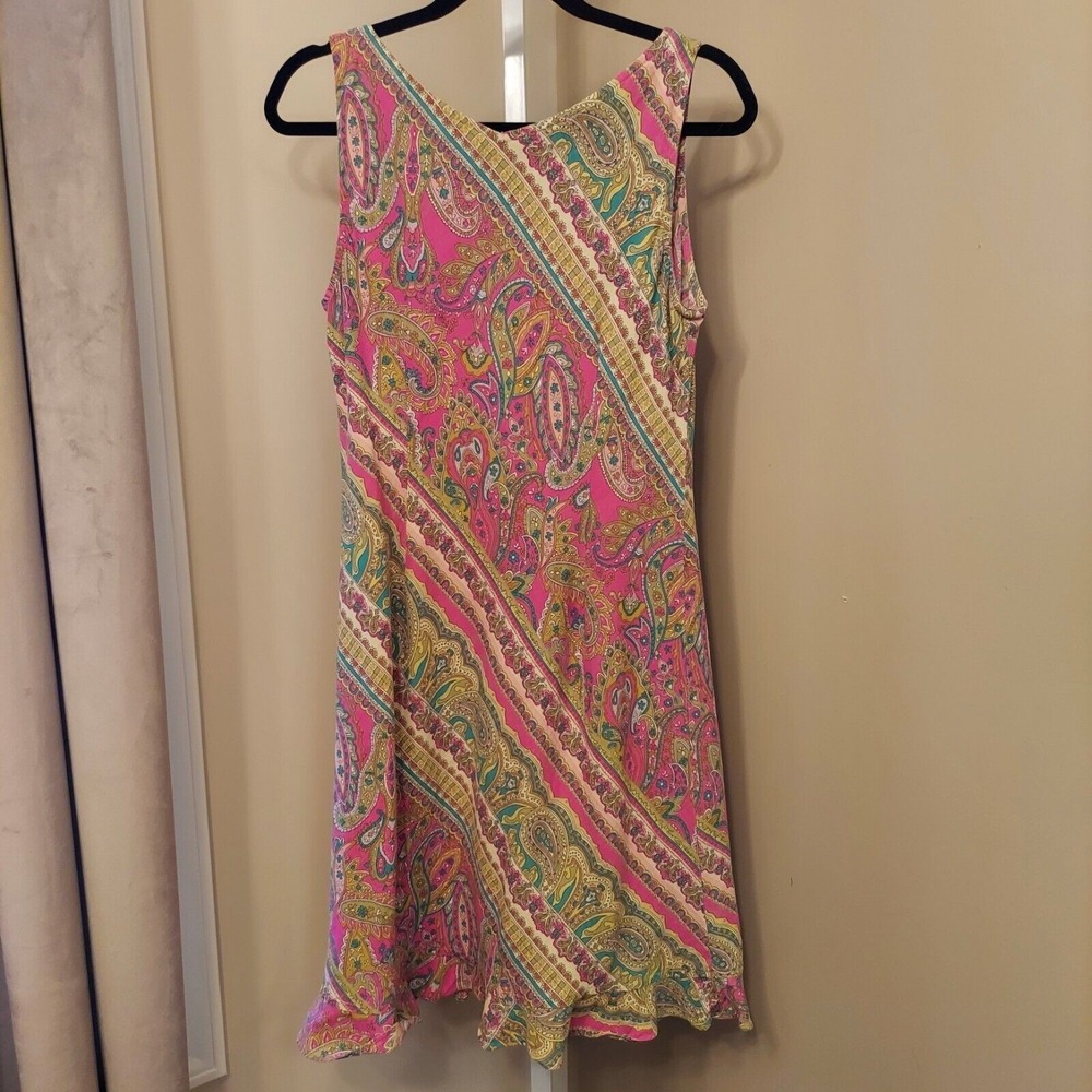 IVY Pink Paisley Ruffle Hem Shift Dress Sleeveless Lyocell Linen Blend Size 6